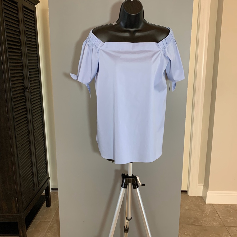 Silvery Blue Poplin Cold Shoulder Top